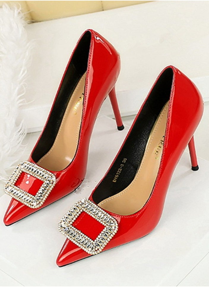 BIGTREE Women's Closed Pointed Toe Stiletto Pump Rhinestone Square Buckle Decoration High Heels Red 10 CM  - Image 1
