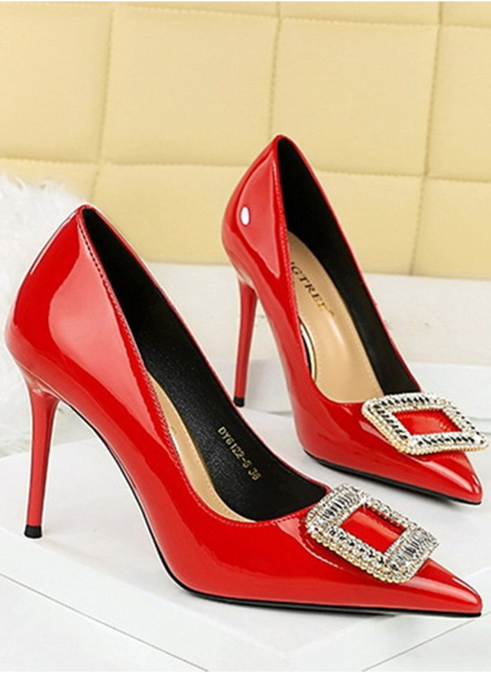 BIGTREE Women's Closed Pointed Toe Stiletto Pump Rhinestone Square Buckle Decoration High Heels Red 10 CM  - Image 2
