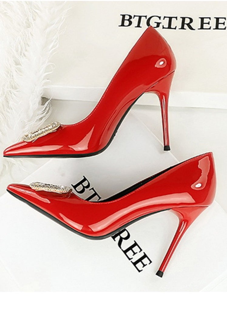 BIGTREE Women's Closed Pointed Toe Stiletto Pump Rhinestone Square Buckle Decoration High Heels Red 10 CM  - Image 3