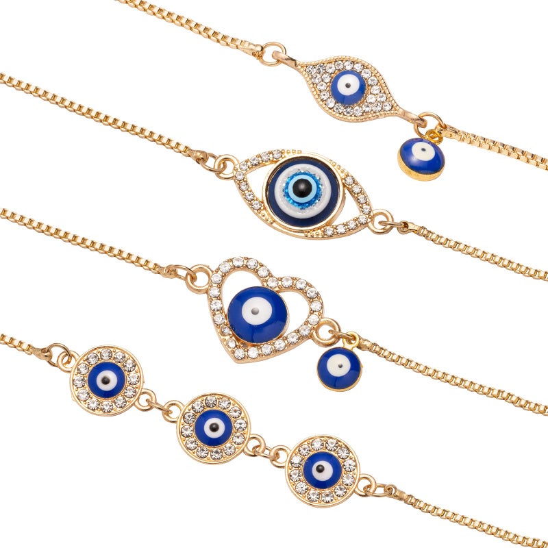 QUPIVA 4 Pack Evil Eye Bracelets Pack for Women 14K Gold Plated Blue Evil Eye String Protection Bracelet Aesthetic Jewelry - Image 1