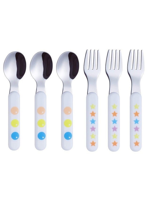 Annova Kids Silverware 6 Pieces Stainless Steel Children's Flatware Set 3 x Forks, 3 x Tablespoon Plastic Handle, Toddler Utensils Without Knives, for Babies, Infants BPA Free (Dots Stars) - Image 1