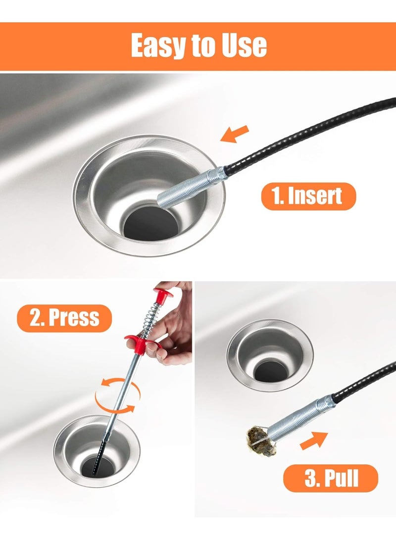 Hair Drain Clog Remover Tool – 6 × 25-Inch Sink Snake + 1 × 24-Inch Drain Cleaner Tool, Plumbing Snake for Shower, Toilet, Kitchen Sink & Tub – 7-Piece Hair Removal Tool Set - Image 5