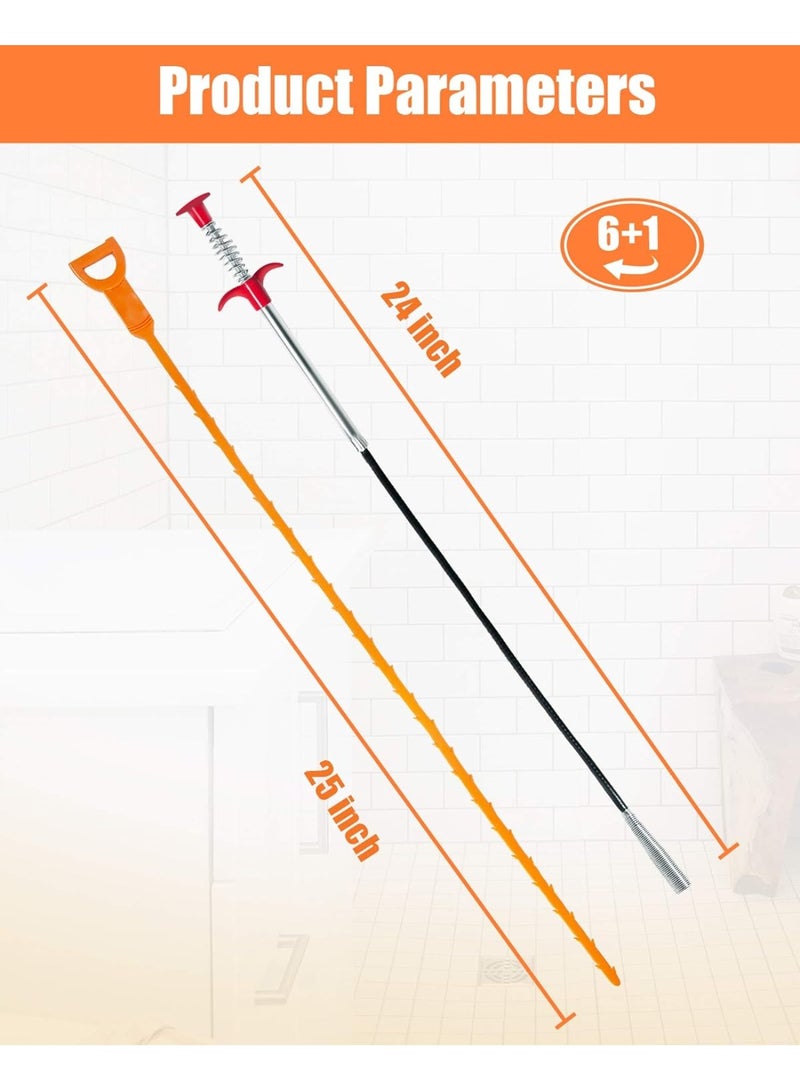 Hair Drain Clog Remover Tool – 6 × 25-Inch Sink Snake + 1 × 24-Inch Drain Cleaner Tool, Plumbing Snake for Shower, Toilet, Kitchen Sink & Tub – 7-Piece Hair Removal Tool Set - Image 2