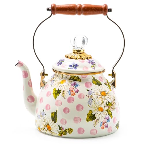 mackenzie childs MACKENZIECHILDS Enamel Tea Kettle Cute Kitchen Kettle for Stovetop 2Quart Capacity Pink Wildflowers - Image 1