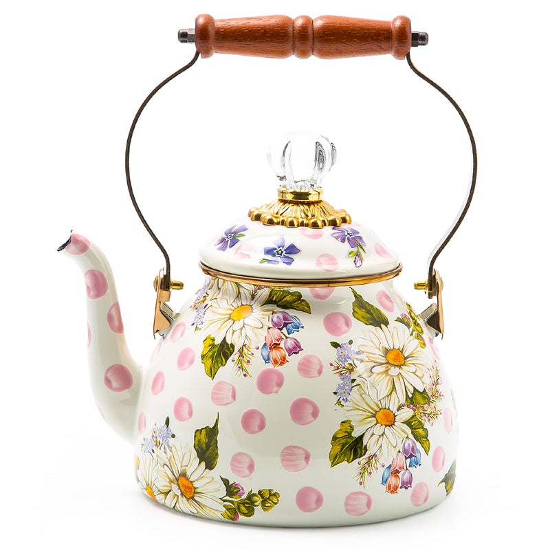 mackenzie childs MACKENZIECHILDS Enamel Tea Kettle Cute Kitchen Kettle for Stovetop 2Quart Capacity Pink Wildflowers - Image 2
