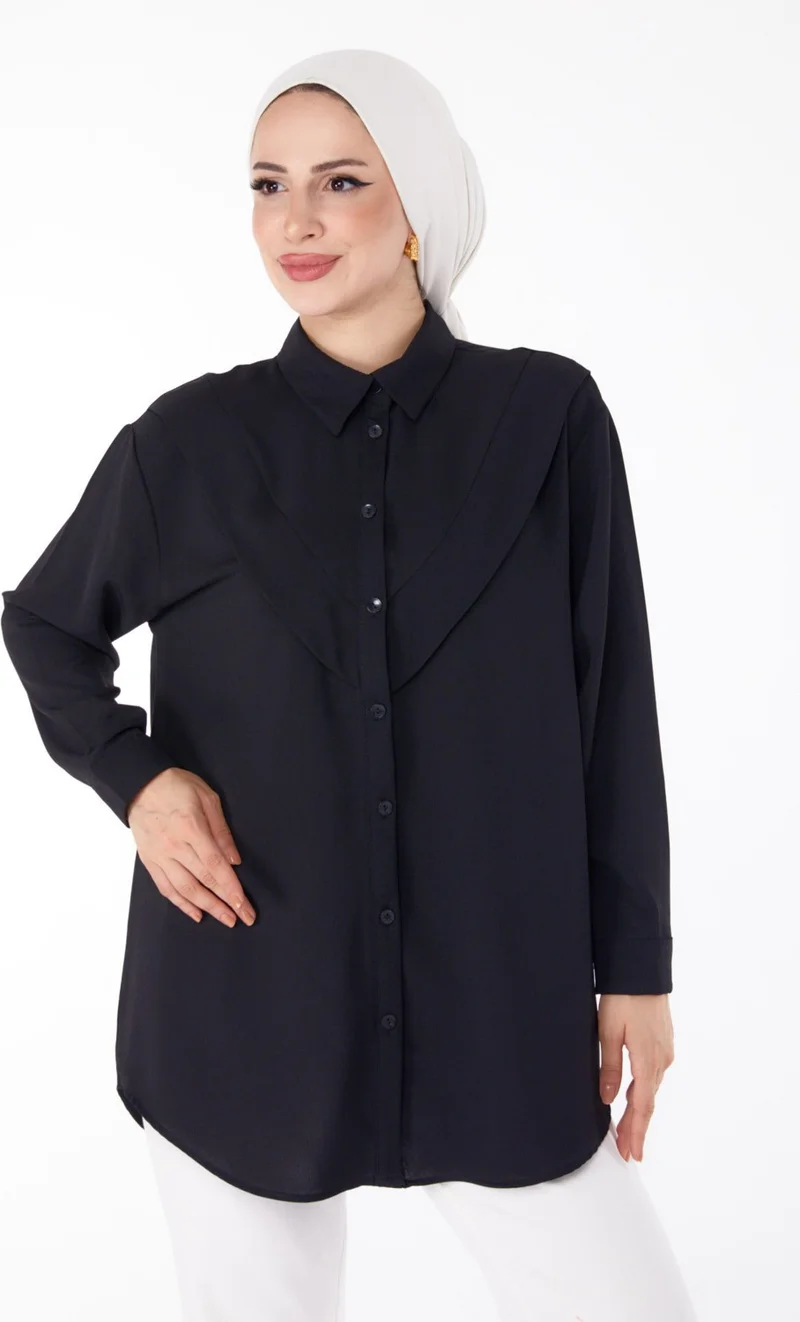 Tofisa Plain Shirt Collar Women's Black Front Yoke Shirt - 25685