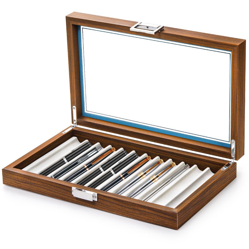Yesland Black Walnut Wood Display Box, 12 Slot Fountain Pen Organizer With Clear Glass Window, Luxury Collection Case for Shop, Home - Image 1