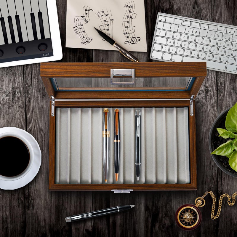 Yesland Black Walnut Wood Display Box, 12 Slot Fountain Pen Organizer With Clear Glass Window, Luxury Collection Case for Shop, Home - Image 4