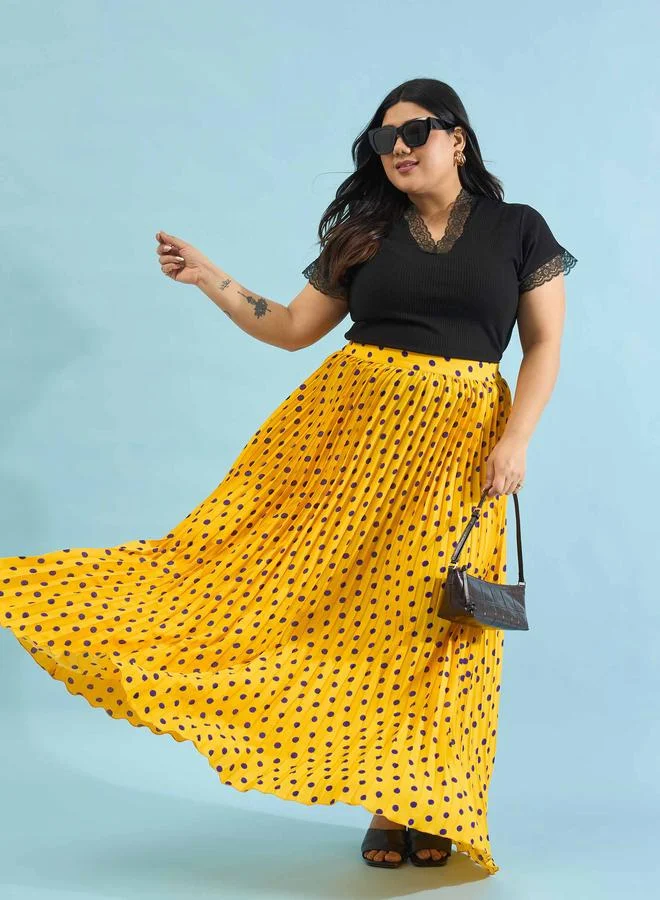Sassafras Plus Size Yellow Polka Dot Accordion Pleated Maxi Skirt