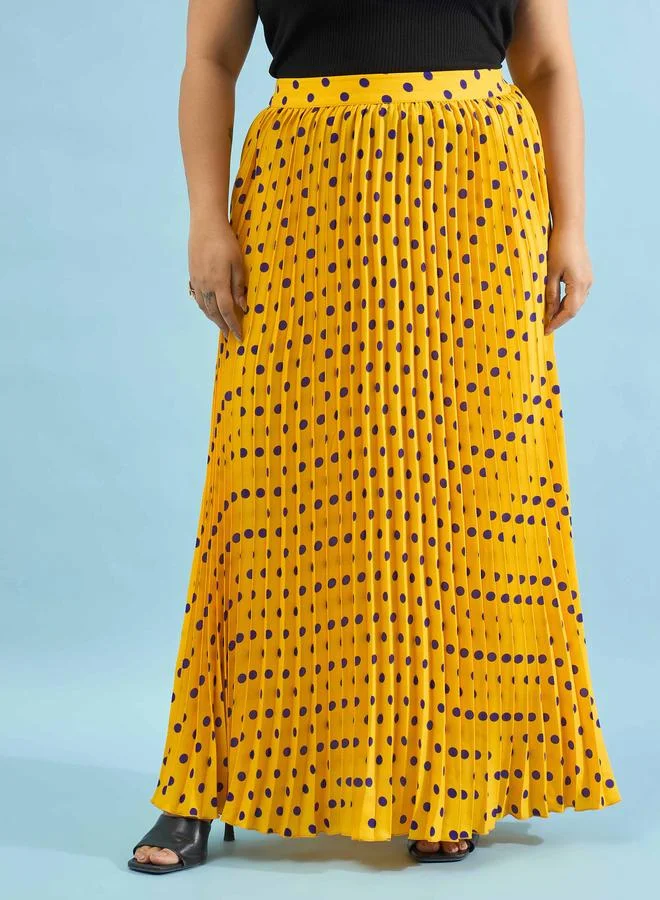 Sassafras Plus Size Yellow Polka Dot Accordion Pleated Maxi Skirt