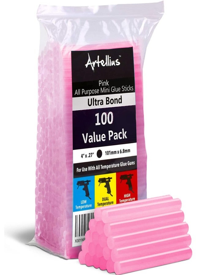 Artellius - Pink Glitter Hot Glue Sticks 4" x.27" (100 Bulk Pack) - Ultra Bond Hot Melt Adhesive Mini Glue Sticks for All temperature Glue Guns - Image 1