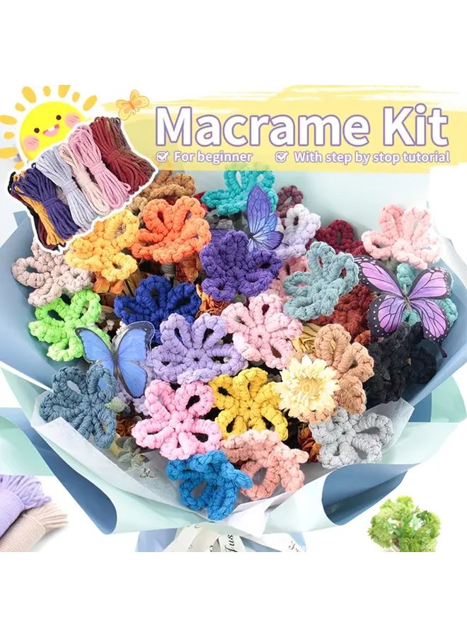 Macrame Flower Making Kit With Dragon Blue Yarn Step By Step Tutorial For Beginners - Image 1