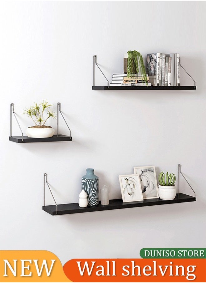 DUNISO 3 Pieces of Wall mounted floating shelves, storage shelves, display shelves, with stainless steel shelves,suitable for bedrooms, living rooms, bathrooms, kitchens, offices, black  - Image 1
