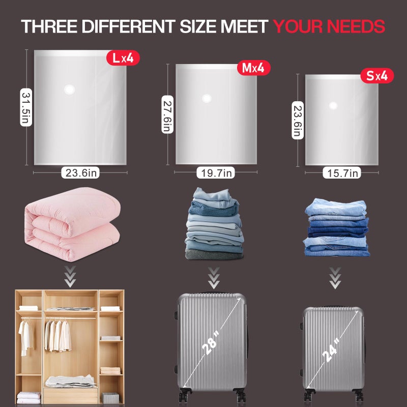 Vacbird 12 Pack Travel Vacuum Storage Bags with High Pressure Electric Pump - Portable Vacuum Seal Bags for Clothing, Luggage & Travel Space Saving - Image 3