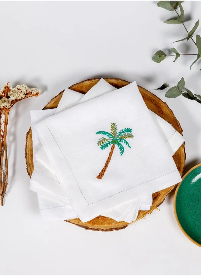 كيوريت هوم Palm Linen Napkin - Set of 4 - Coloured Embroidery