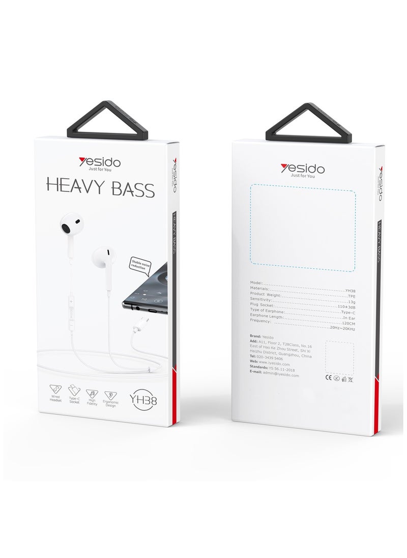 Yesido - Yesido YH38 Earphone for Phone High Quality Sound Earphones with Microphone Wired Headset Type-C Earbuds - White - Image 1