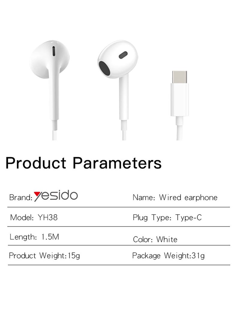 Yesido - Yesido YH38 Earphone for Phone High Quality Sound Earphones with Microphone Wired Headset Type-C Earbuds - White - Image 1