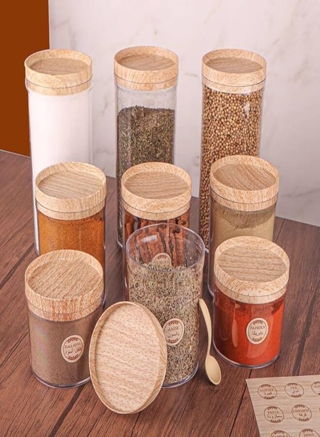 Generic Storage Container Set, 9 Pieces, Acrylic Jars with Wooden-Style Lids for Spices and Food .smk