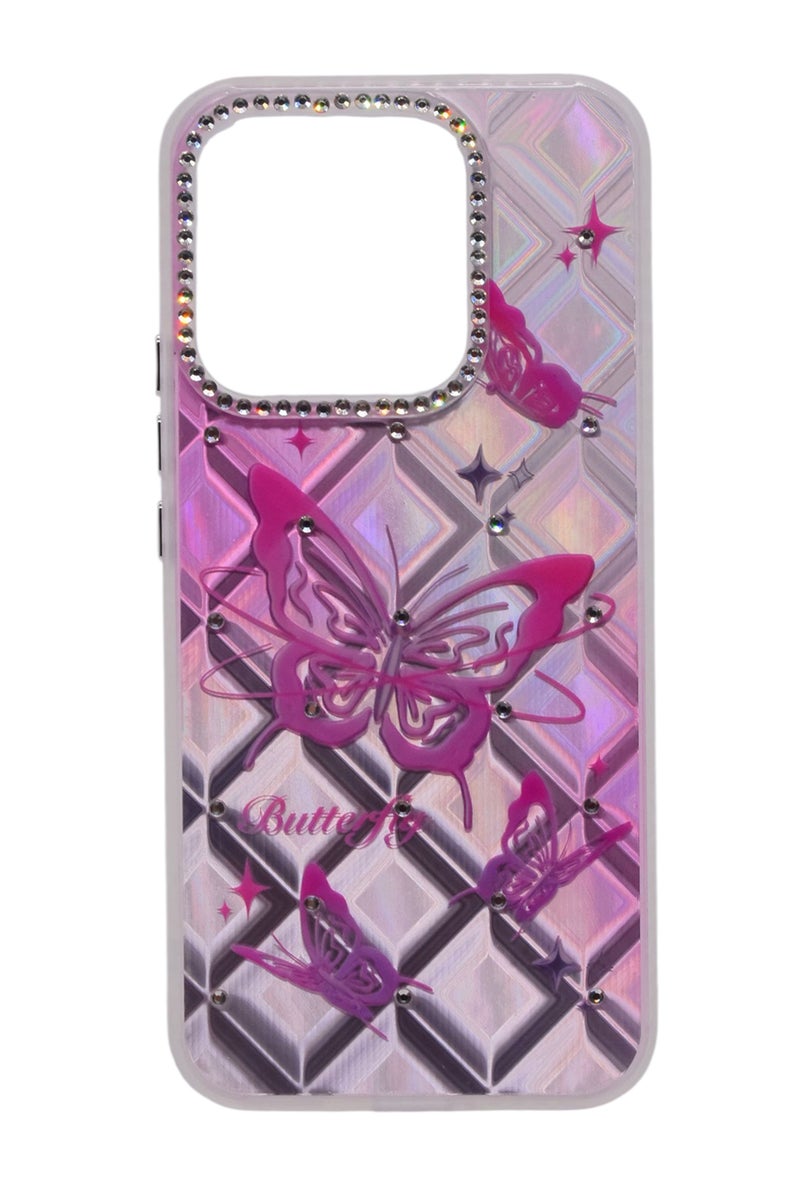 CFS TPU Butterflies Printed Back Cover Case with Rhinestone Camera Border For HONOR X8C - Pink Transparent - Image 1