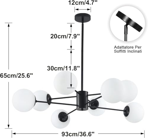 KCO Lighting Black Sputnik Chandelier Ceiling Mount 8-Light Glass Globe Sputnik Chandelier Mid Century Modern Chandelier Light Fixture Kitchen Island Sputnik (Black+White) - Image 2