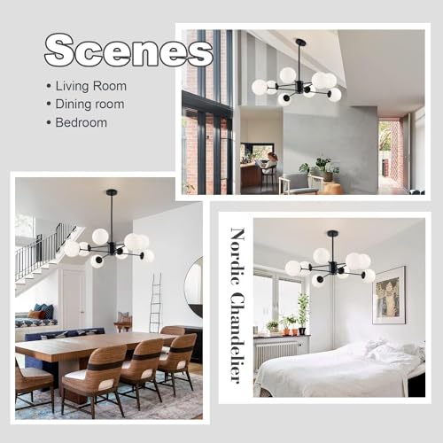 KCO Lighting Black Sputnik Chandelier Ceiling Mount 8-Light Glass Globe Sputnik Chandelier Mid Century Modern Chandelier Light Fixture Kitchen Island Sputnik (Black+White) - Image 4