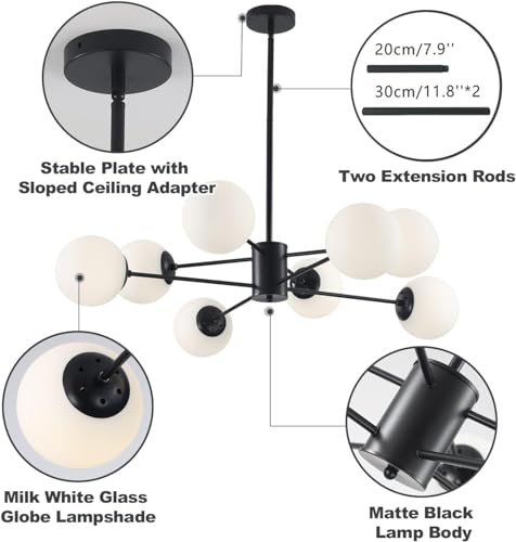 KCO Lighting Black Sputnik Chandelier Ceiling Mount 8-Light Glass Globe Sputnik Chandelier Mid Century Modern Chandelier Light Fixture Kitchen Island Sputnik (Black+White) - Image 3