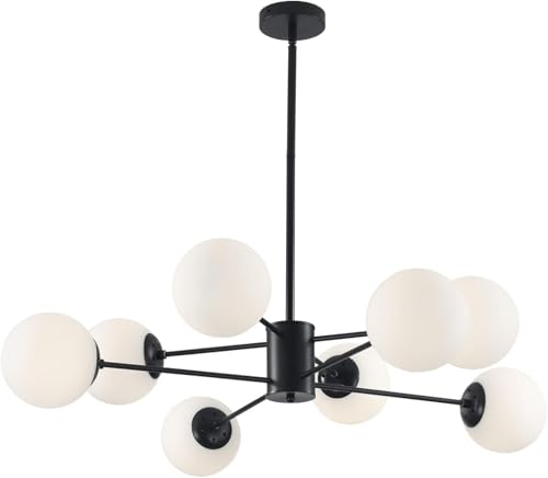KCO Lighting Black Sputnik Chandelier Ceiling Mount 8-Light Glass Globe Sputnik Chandelier Mid Century Modern Chandelier Light Fixture Kitchen Island Sputnik (Black+White) - Image 1