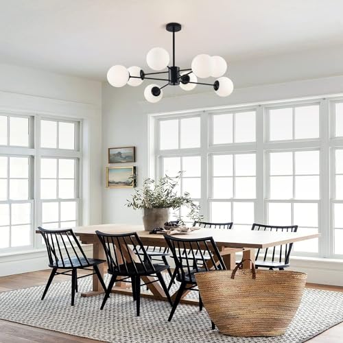 KCO Lighting Black Sputnik Chandelier Ceiling Mount 8-Light Glass Globe Sputnik Chandelier Mid Century Modern Chandelier Light Fixture Kitchen Island Sputnik (Black+White) - Image 5