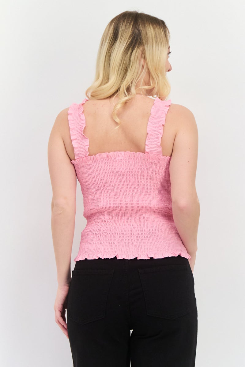 MANGO Women Square Neck Sleeveless Textured Tank Top, Pink - Image 3