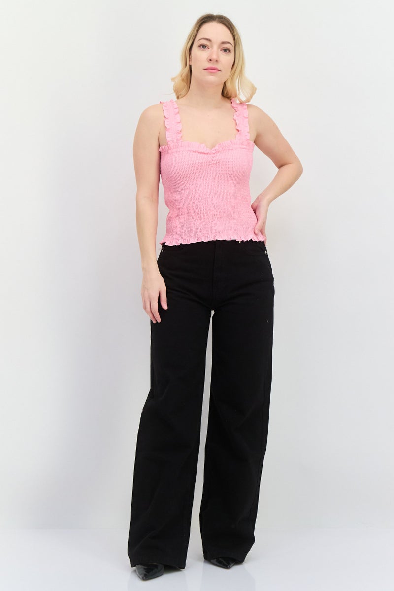 MANGO Women Square Neck Sleeveless Textured Tank Top, Pink - Image 4