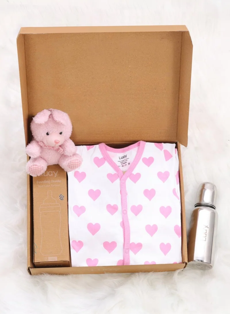 LUAY Premium Gift Box Set with The Baby Romper, Baby Feeding Bottle and Teddy Bear Best Hamper for Babies (3-6 M)