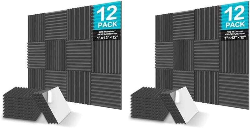24 Pack Sound Proof Foam Panels, 1" X 12" X 12" Self-Adhesive Acoustic Foam Panels, Acoustic Panels Wedges High Density, Soundproof Wall Panels for Treatment Home Studio - Black