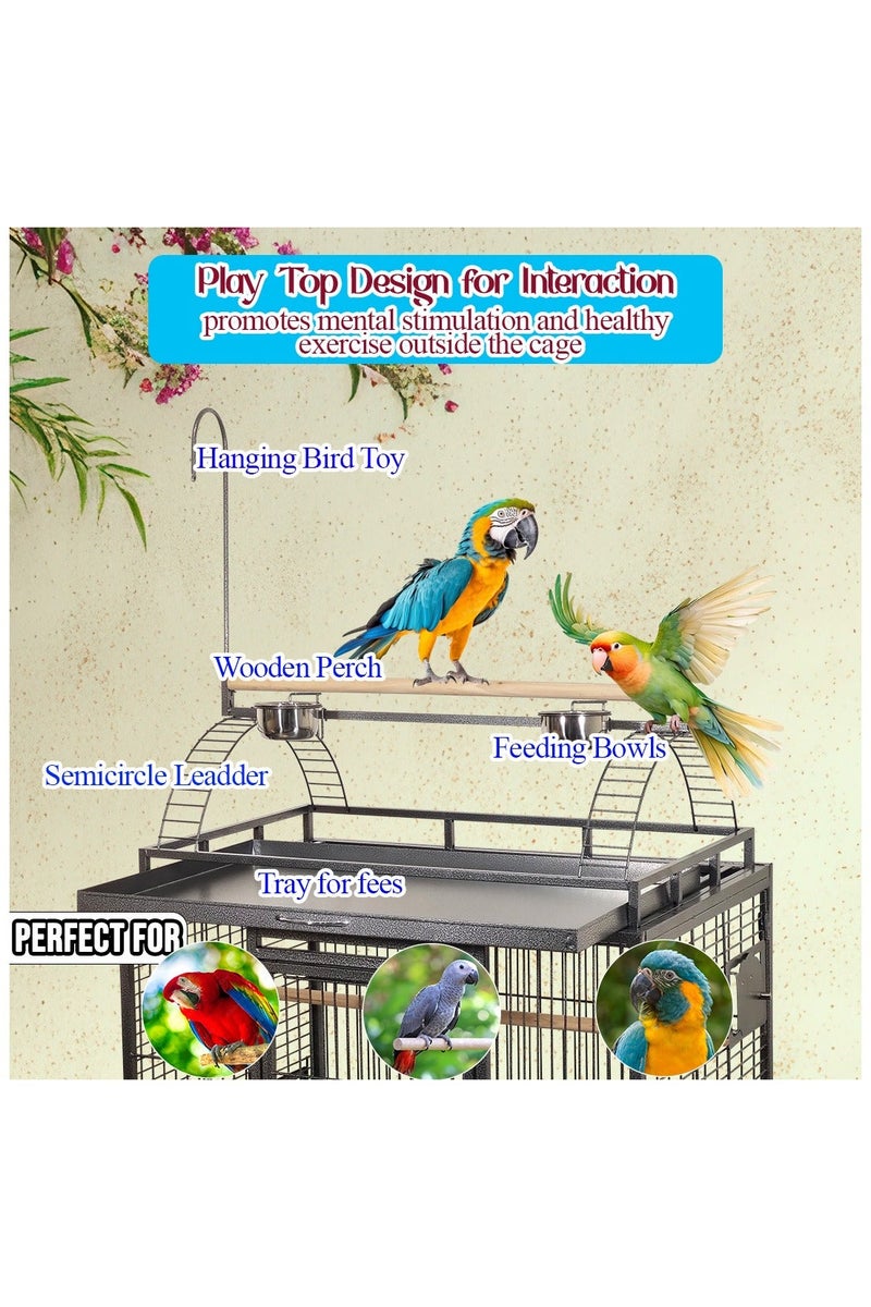 أن ان سي بيتس قفص طيور كبير مع أوعية تغذية، مجثمات خشبية، وسلك معدني، قفص ببغاء 205 سم مع سطح لعب، رف شبكي، صينية قابلة للإزالة، وحامل متحرك، لعبة طيور معلقة، للاستخدام الداخلي والخارجي (أسود) - Image 5
