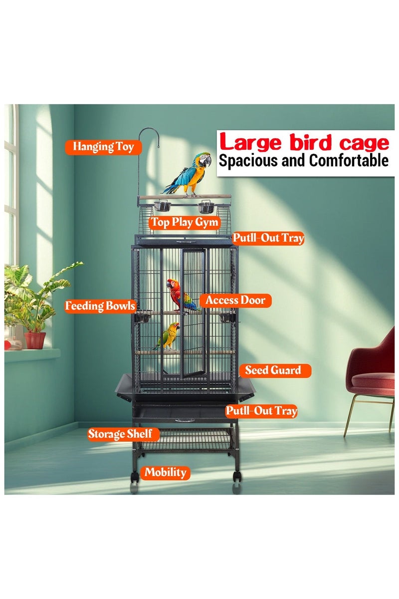 أن ان سي بيتس قفص طيور كبير مع أوعية تغذية، مجثمات خشبية، وسلك معدني، قفص ببغاء 205 سم مع سطح لعب، رف شبكي، صينية قابلة للإزالة، وحامل متحرك، لعبة طيور معلقة، للاستخدام الداخلي والخارجي (أسود) - Image 1