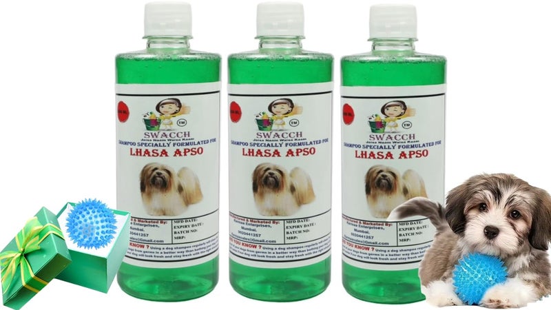 swacch Shampoo | Puppy Safe Shampoo | PH Balanced | Ditch to Itch for Lhasa Apso Dog Shampoo 500ml Pack of 3 (Neem Alovera) + Spike Ball Chew Toy Combo Pack - Image 1
