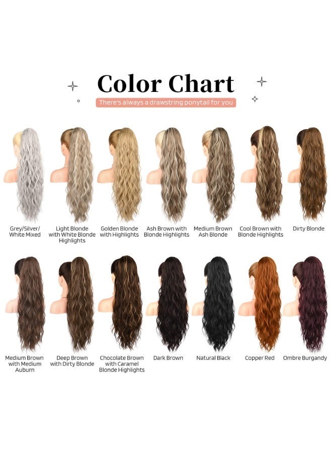 HZYH Ponytail Extension, 26 Inch Drawstring Ponytail Hair Extensions for Women, ponytail extension human hair, Long Curly Wavy Ponytail Natural Synthetic Hairpiece for Women (Deep Brown with Dirty Blonde) - Image 5