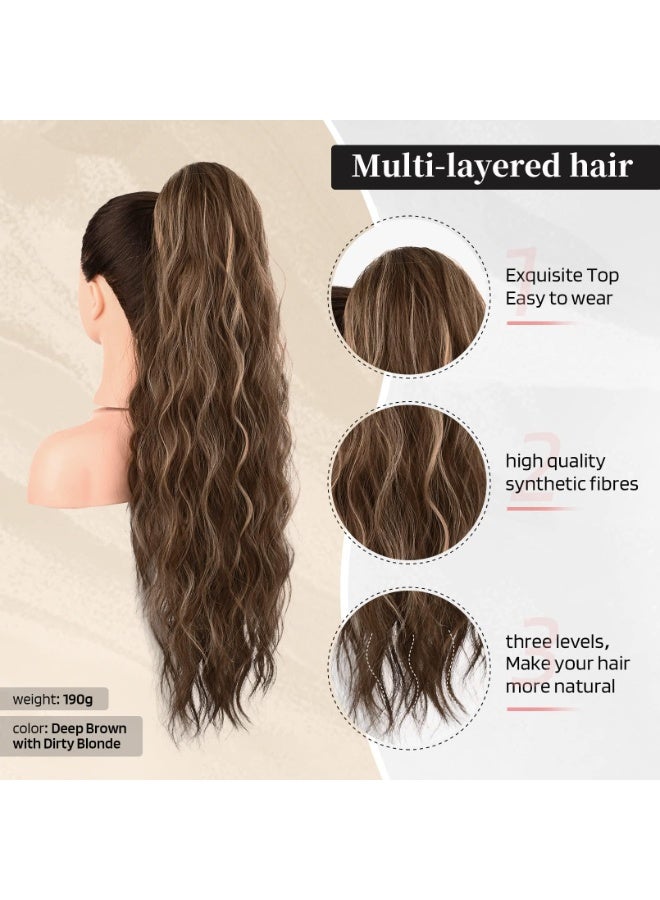 HZYH Ponytail Extension, 26 Inch Drawstring Ponytail Hair Extensions for Women, ponytail extension human hair, Long Curly Wavy Ponytail Natural Synthetic Hairpiece for Women (Deep Brown with Dirty Blonde) - Image 2