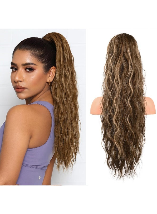HZYH Ponytail Extension, 26 Inch Drawstring Ponytail Hair Extensions for Women, ponytail extension human hair, Long Curly Wavy Ponytail Natural Synthetic Hairpiece for Women (Deep Brown with Dirty Blonde) - Image 1