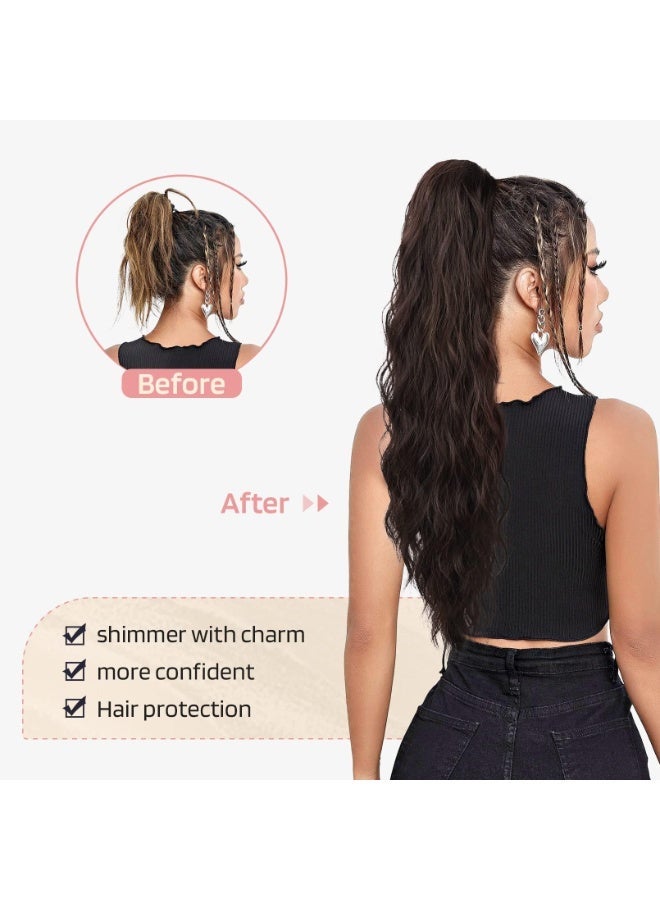 HZYH Ponytail Extension, 26 Inch Drawstring Ponytail Hair Extensions for Women, ponytail extension human hair, Long Curly Wavy Ponytail Natural Synthetic Hairpiece for Women (Deep Brown with Dirty Blonde) - Image 4