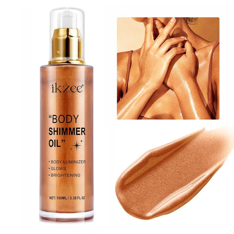 Body Shimmer Oil 100ml Moisturizing Long Lasting Body Luminizer Face Brighten Waterproof Liquid Illuminator Body Glow Shimmer Body Glitter Oil Highlighter Summer Taning Makeup 04 Golden Brown