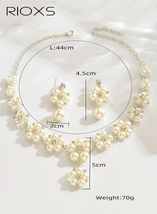 Silver Pearl Bridal Wedding Jewelry Set, Rhinestone Necklace Earrings Sets, Flower Formal Prom Costume Jewelry Sets for Women and Brides - view 4
