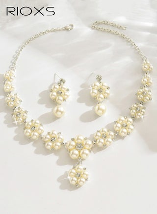 Silver Pearl Bridal Wedding Jewelry Set, Rhinestone Necklace Earrings Sets, Flower Formal Prom Costume Jewelry Sets for Women and Brides - view 3