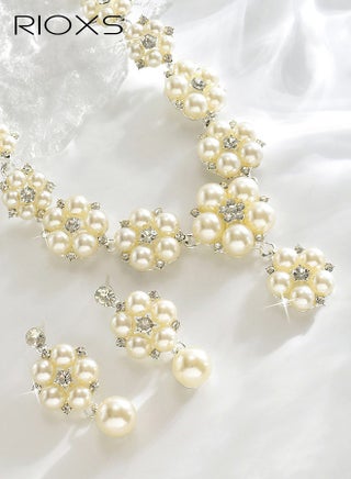 Silver Pearl Bridal Wedding Jewelry Set, Rhinestone Necklace Earrings Sets, Flower Formal Prom Costume Jewelry Sets for Women and Brides - view 2