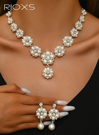 Silver Pearl Bridal Wedding Jewelry Set, Rhinestone Necklace Earrings Sets, Flower Formal Prom Costume Jewelry Sets for Women and Brides - view 5