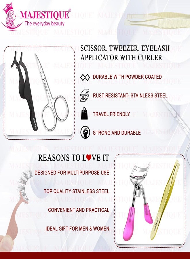 Majestique Stainless steel Tweezer for Eyebrows | Eyelash Curler, Silicone Eyelash Curler | Premium Nasal Scissor, Grooming Scissor | Eyelash False Applicator (Pack of 4) - Image 3