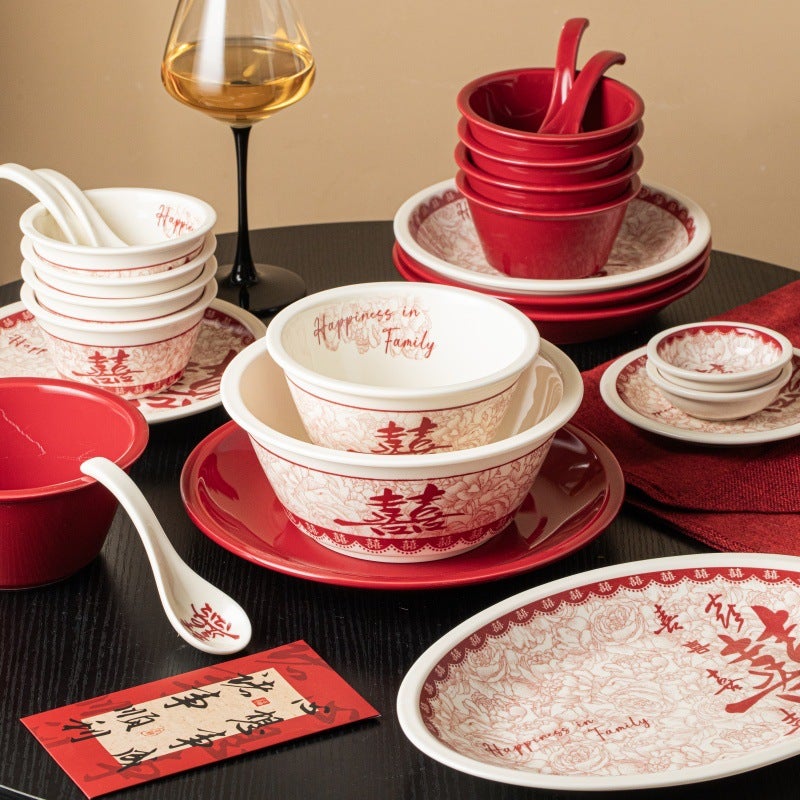 Newlywed Tableware And Dish Set, Festive Ceramic Rice Bowls And Dishes, High-Looking Housewarming Bowls And Plates, Underglaze Color Plates, Soup Bowls - Image 2