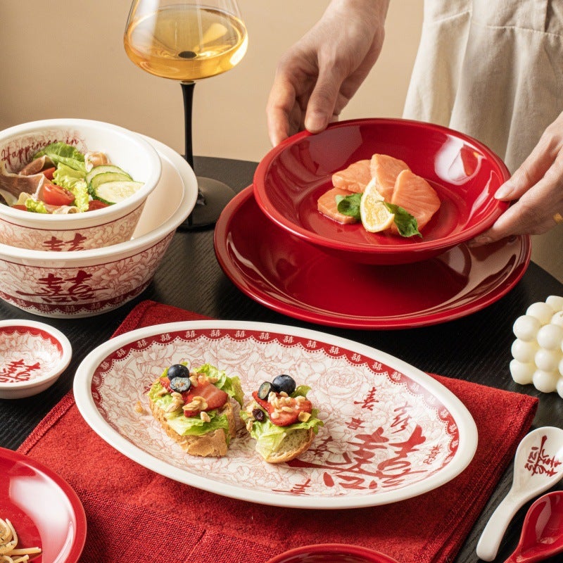 Newlywed Tableware And Dish Set, Festive Ceramic Rice Bowls And Dishes, High-Looking Housewarming Bowls And Plates, Underglaze Color Plates, Soup Bowls - Image 3