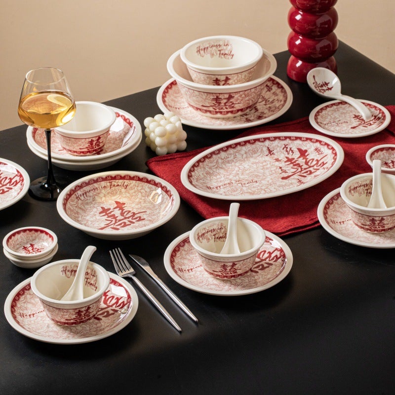 Newlywed Tableware And Dish Set, Festive Ceramic Rice Bowls And Dishes, High-Looking Housewarming Bowls And Plates, Underglaze Color Plates, Soup Bowls - Image 4