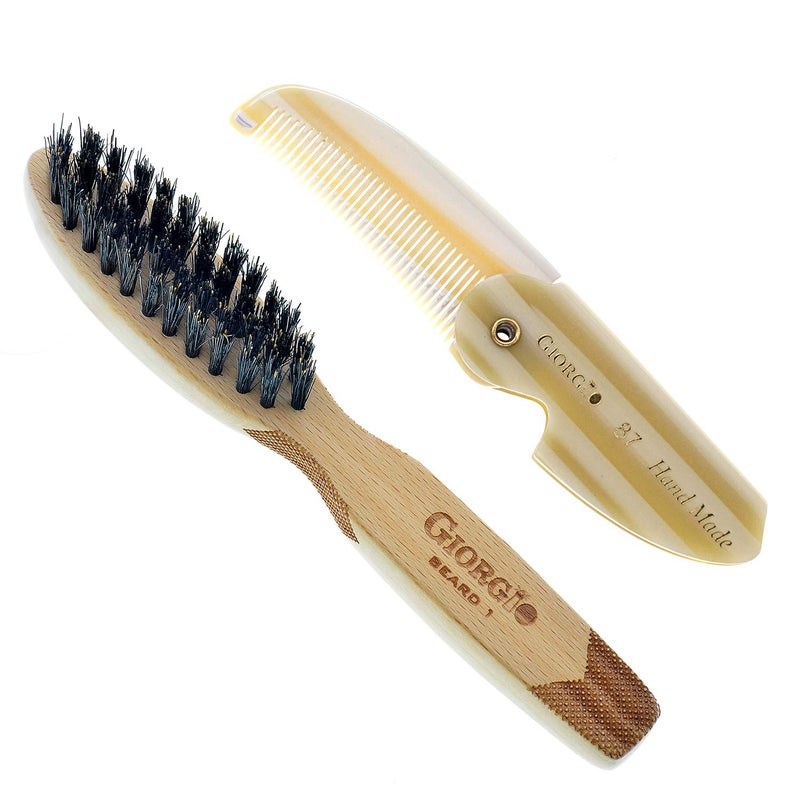 Giorgio G87IVY 2.5 Inch Men's Folding Pocket Comb Ivory - For Hair, Beard Grooming and Styling - Flexible Cellulose, Saw-cut & Hand Polished + 6 Inch Beard Brush - Image 1