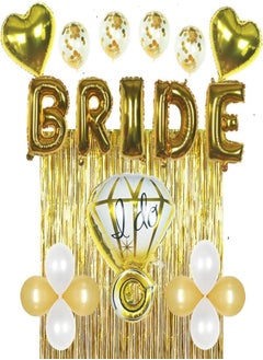 Bridal Shower Bachelorette Party Decorations Kit Gold – Set Includes 1 Fringe Curtain, 1 Set of Foil Bride Balloons, 1 Ring Balloon, 2 Heart Balloons, 4 Confetti Balloons, 4 Gold, 4 White Balloons